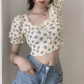 Floral Pattern Lace Square Collar Crop Tops